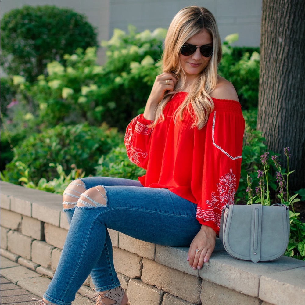 Embroidered off the shoulder top